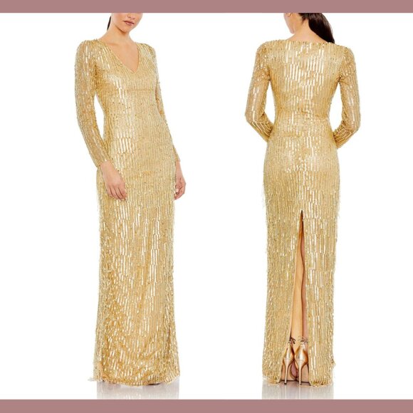 NWT $598 Mac Duggal [ 12 ] Sequined Long Sleeve V Neck Beaded Fringe Gown Gold‎ - Picture 2 of 15
